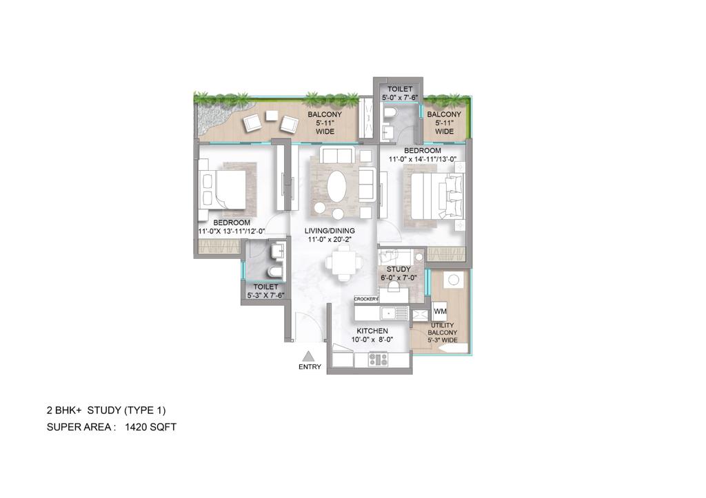 2 BHK + Study 1420 Sq. Ft